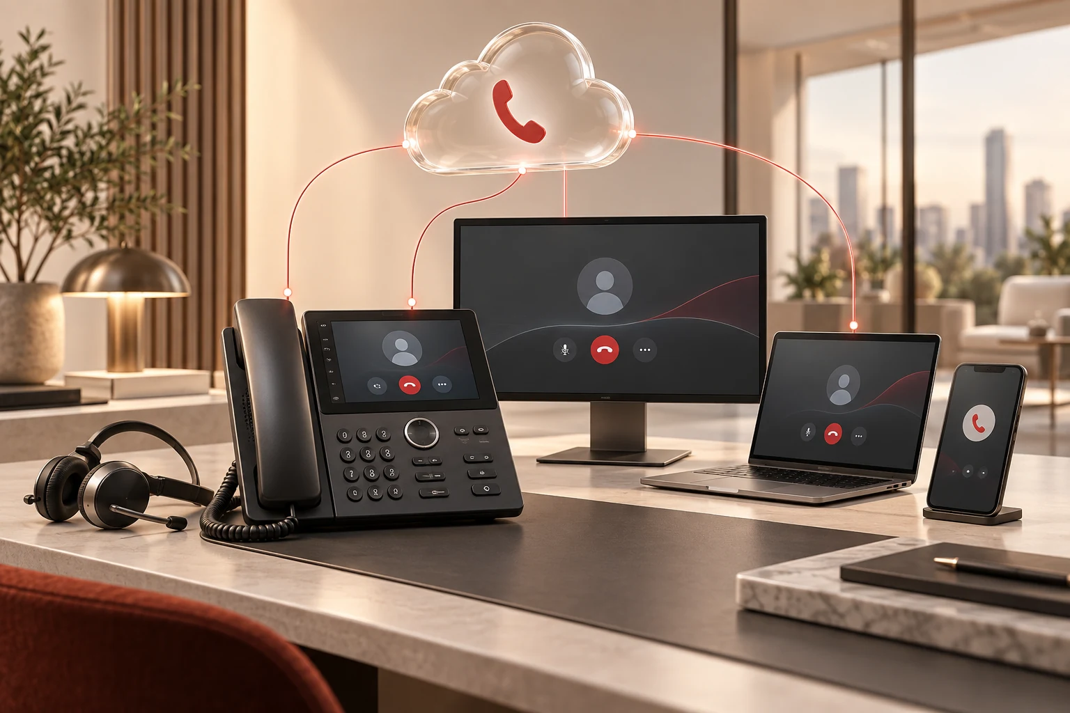 Illustration of business desk phones, computers, and mobile devices connected through cloud calling
