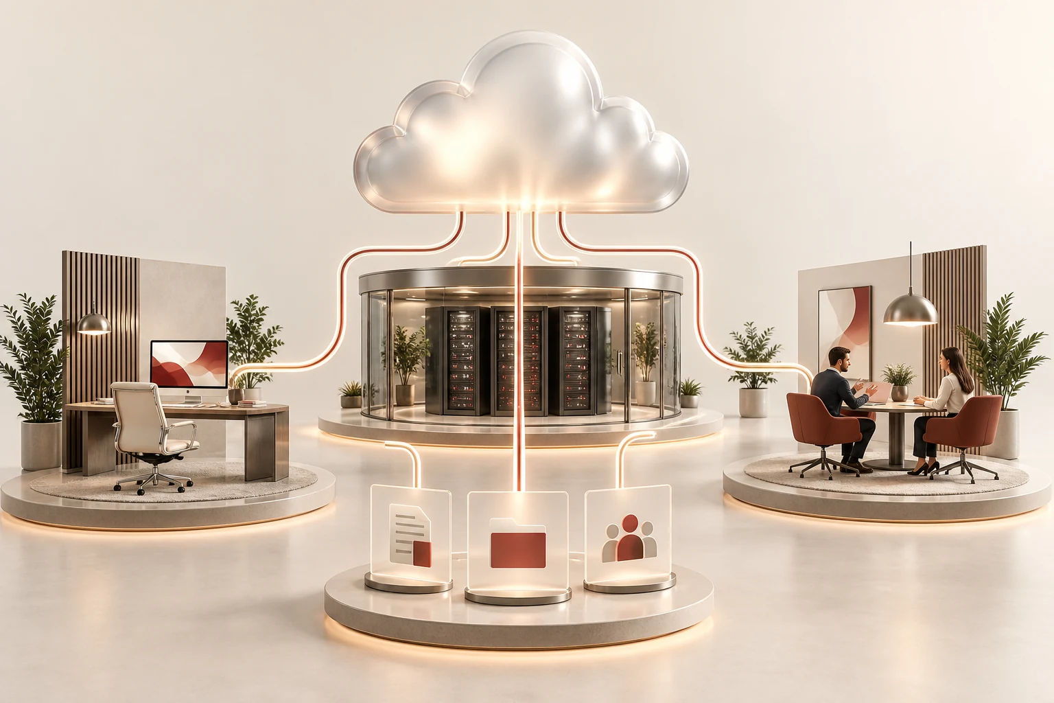 Illustration of private cloud servers connected to remote desktops and business applications