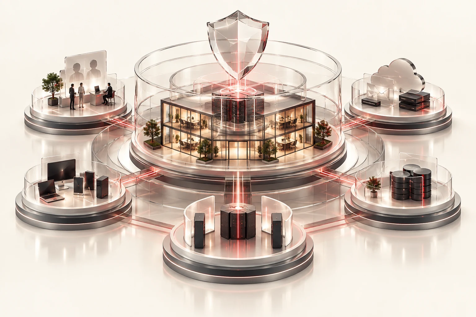 Illustration of business systems surrounded by connected layers of cybersecurity protection