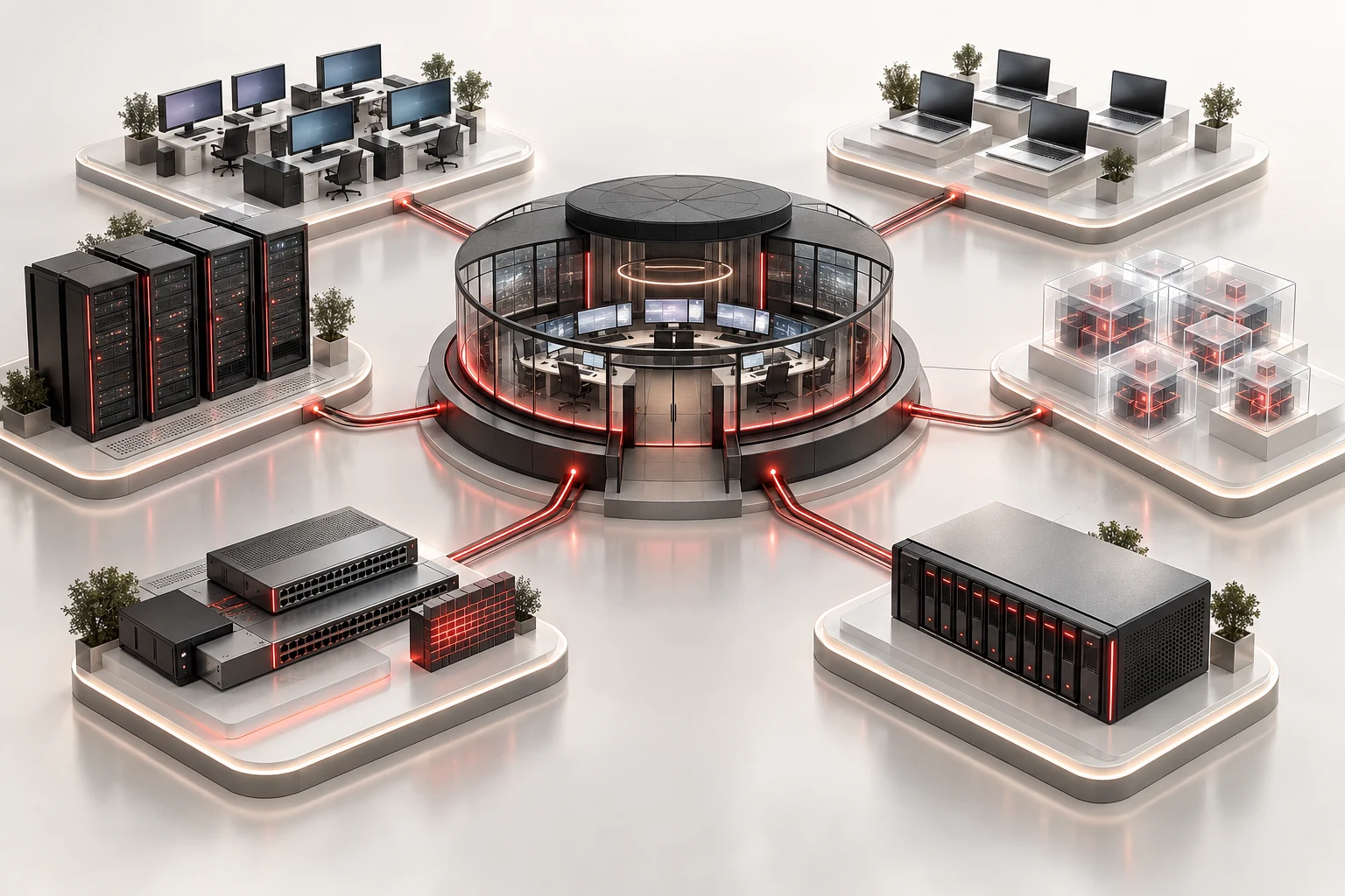 Illustration of connected devices and infrastructure monitored through a central operations team