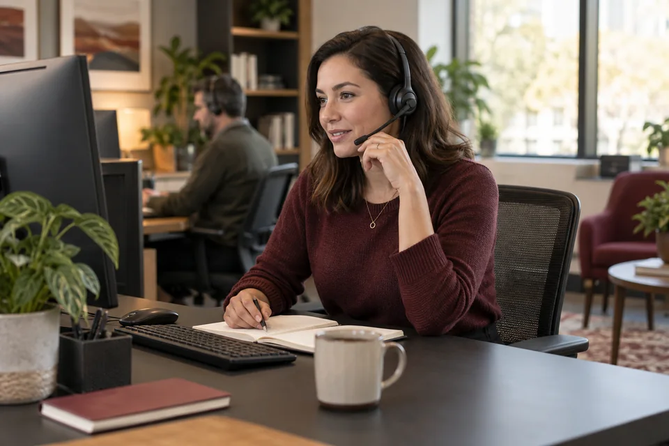 Illustrative photograph of a technology adviser listening during a support conversation.