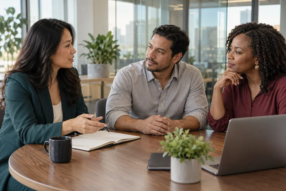 AI-generated illustration of a technology consultant and business leaders discussing their priorities around a meeting table.
