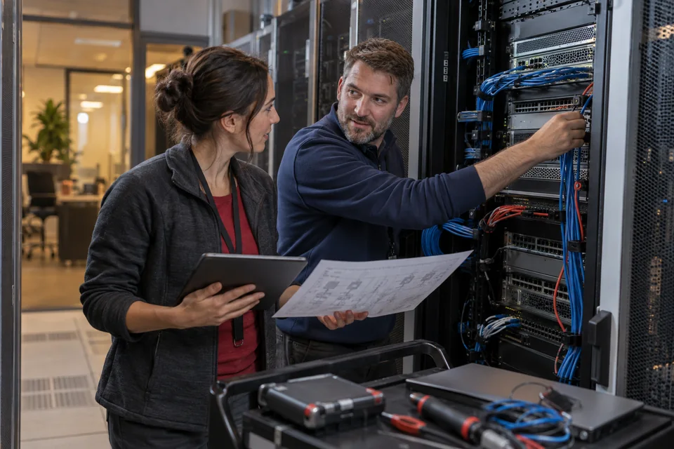 Illustrative photograph of two IT engineers reviewing network equipment together.
