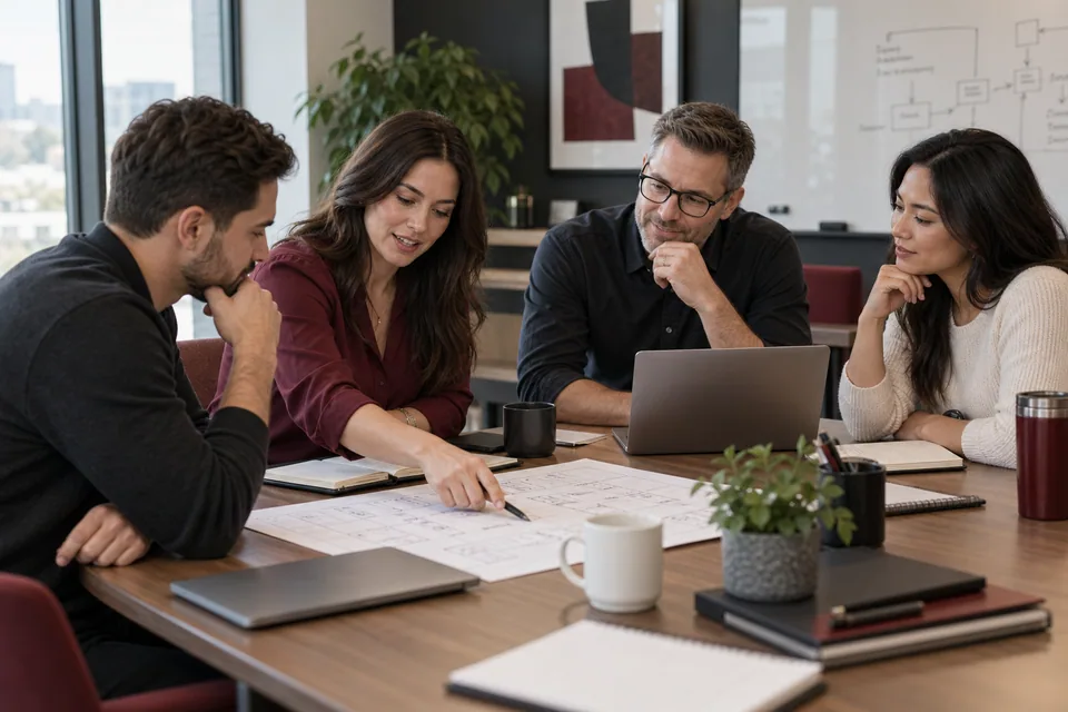 Illustrative photograph of business and technology professionals planning together.